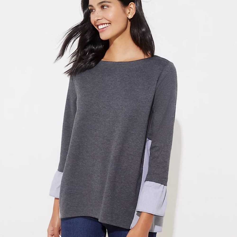 Loft Gray Oxford Mock Bell Sleeve Block Top Shirt Blue White Stripe Casual